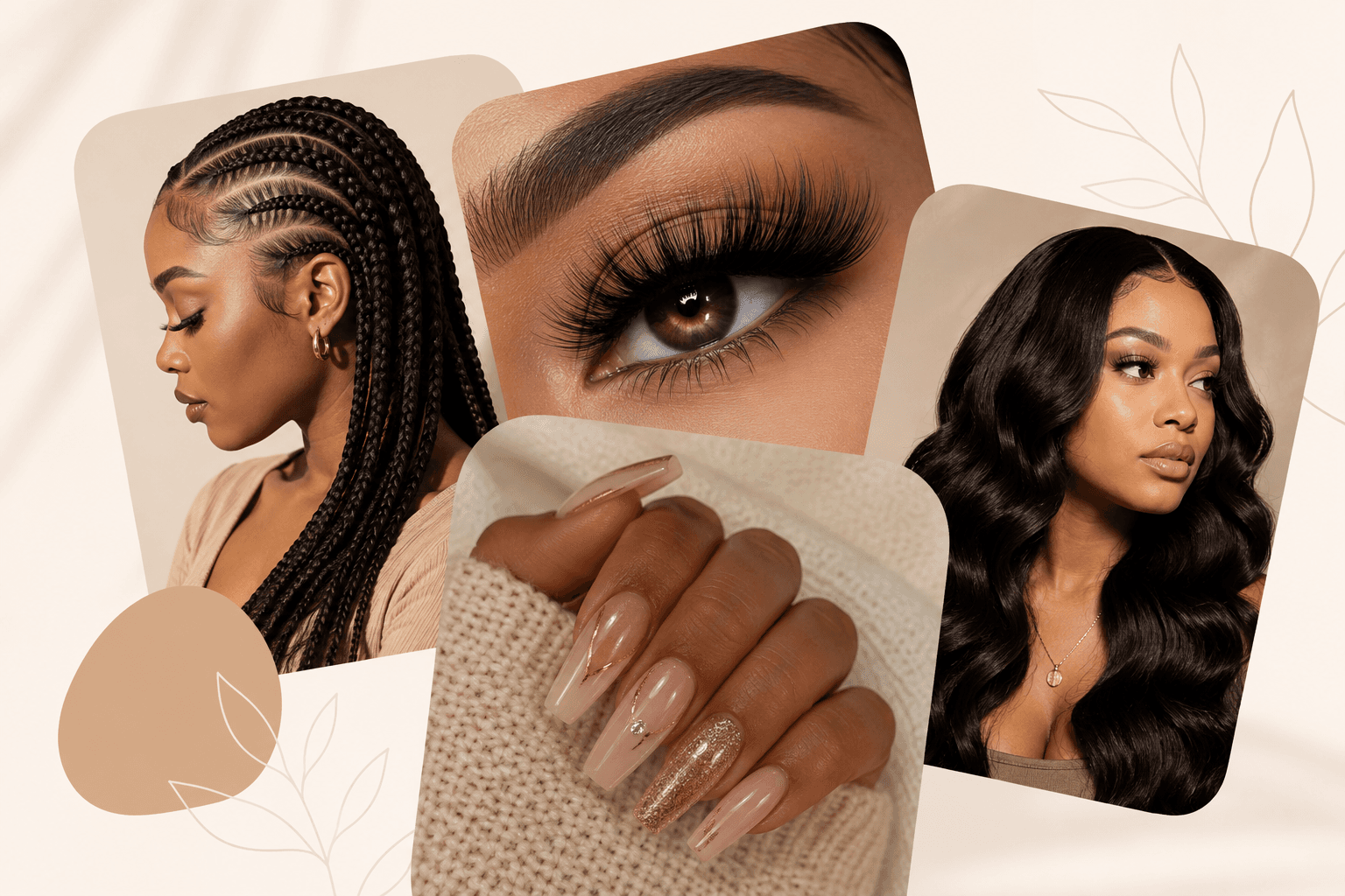 Collage of beauty and personal-care services: braided hairstyling, an eyelash and brow look, manicured nail art, and long wavy hair styling.