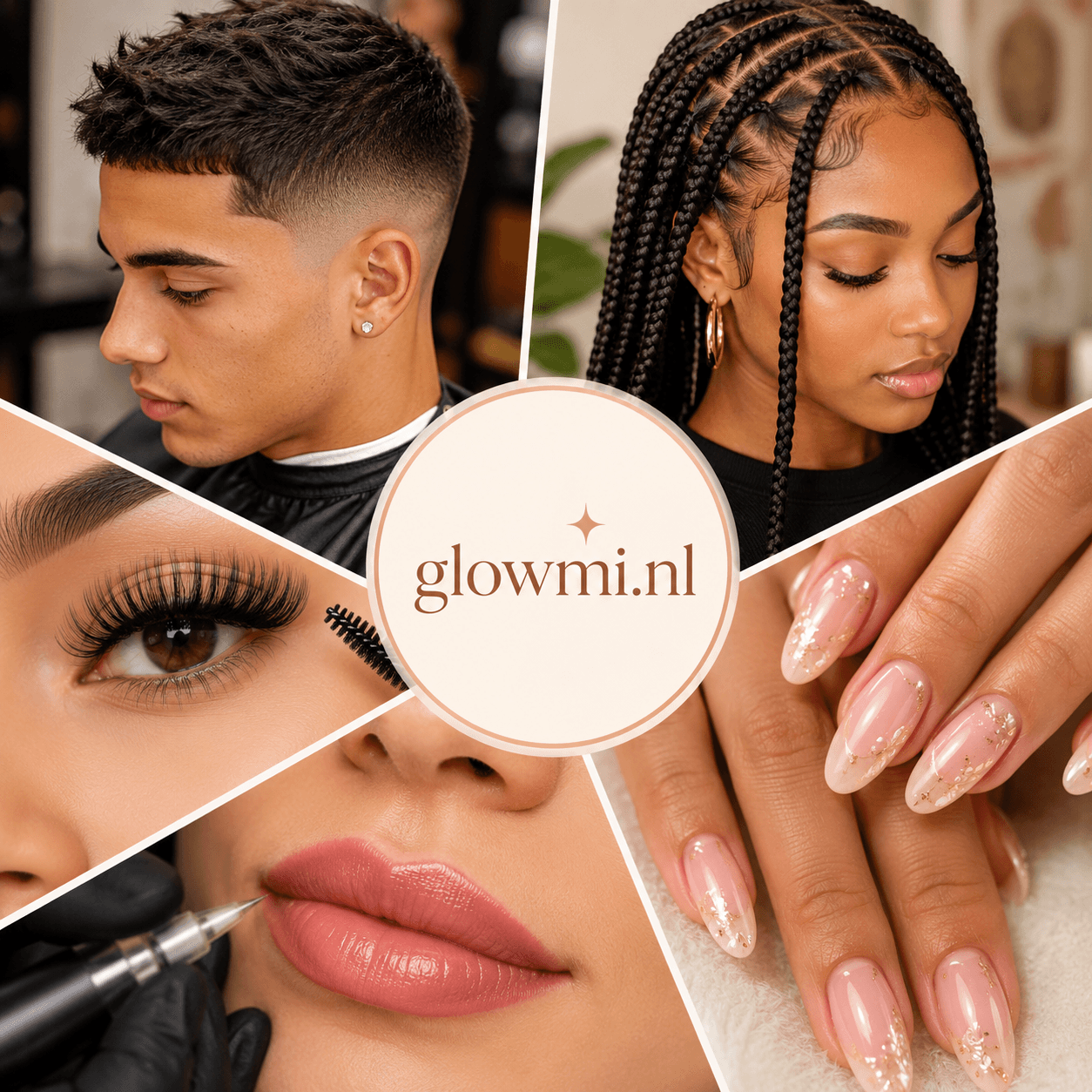 Glowmi beauty professionals showcasing haircuts, braids, lashes, nails and lip-blush services